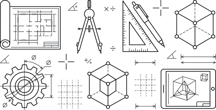 Architecture engineering and geometry blueprint vector line icon set featuring compass divider ruler gear 3d cube tablet