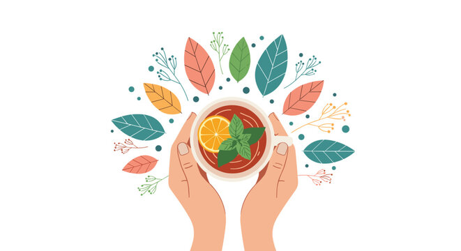 Hands holding a warm cup of herbal tea with orange and mint leaves surrounded by a pattern of colorful autumn foliage.