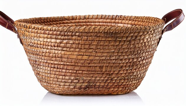 Woven Seagrass Belly Basket With Leather Handles Isolated On Transparent Background