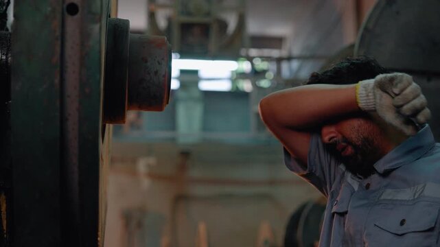 Factory worker wiping sweat after operating heavy machinery inside an industrial manufacturing plant. Hard work, workplace conditions, labor, fatigue, and occupational safety concept.

