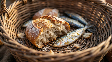 Obraz premium The miracle of feeding the 5000. Baskets overflowing with simple bread loaves and small fish on the grass. Divine provision concept