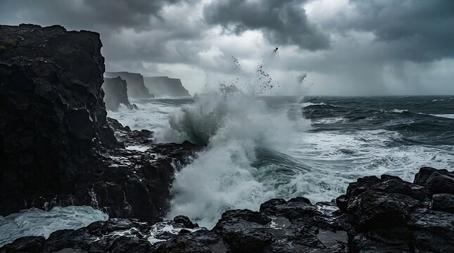 Dramatic winter storm crashing against rugged dark volcanic cliffs on an icy coastline with powerful ocean waves and heavy rain clouds
