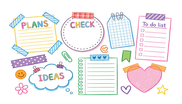 Hand drawn sticky note vector illustration set. Cute doodle to do list, colorful memo pads with washi tape, planners and daily journal elements.