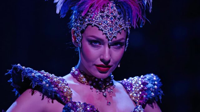 Glamorous Showgirl Performer in Sparkling Costume and Feathers on Stage