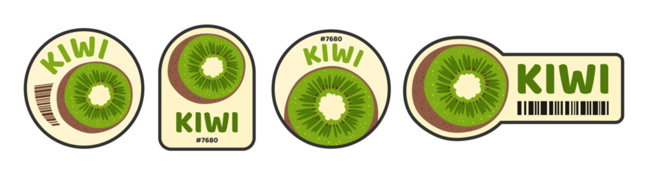 Kiwi fruit barcode label set. Trendy retro badges with organic fresh quality tag for supermarket, farm shop and grocery store packaging. Cartoon flat sticker tropical design. Vector illustration art