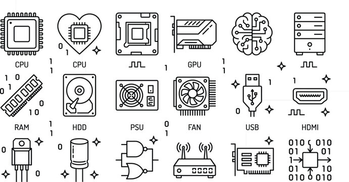Computer hardware and electronic components outline icon set showing cpu gpu ram storage power supply cooler logic gate