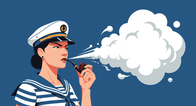 Confident female marine captain or sailor smoking a classic pipe and blowing large clouds of smoke on a blue background.