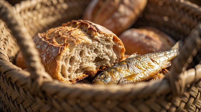 The miracle of feeding the 5000. Baskets overflowing with simple bread loaves and small fish on the grass. Divine provision concept
