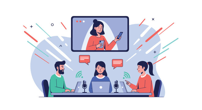 Business team conducting an online video conference meeting with colleagues on laptops and a remote presenter on screen.