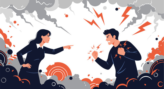 Angry businessman and businesswoman arguing fiercely, pointing fingers and expressing rage amidst dark smoke.