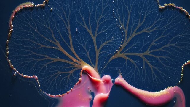 Starting pink or orange blob forming two lobes on glossy dark table, growing gold filaments and bead