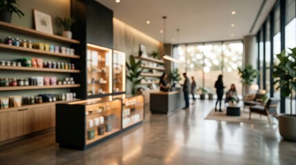 Fototapeta premium modern minimalist interior of a high-end retail boutique or cannabis dispensary, sleek wooden shelving, backlit display cases, concrete floors, indoor plants.