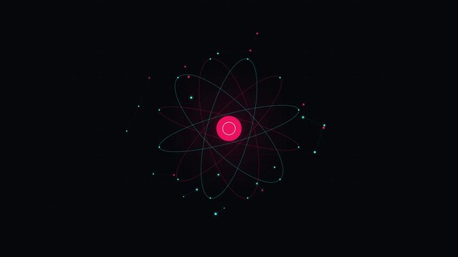 Animated atom model with orbiting electrons on a black background, representing quantum physics and energy.