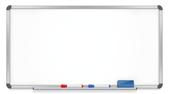 Blank whiteboard with aluminum frame and markers, empty dry erase board for office presentations, clean white surface for corporate education