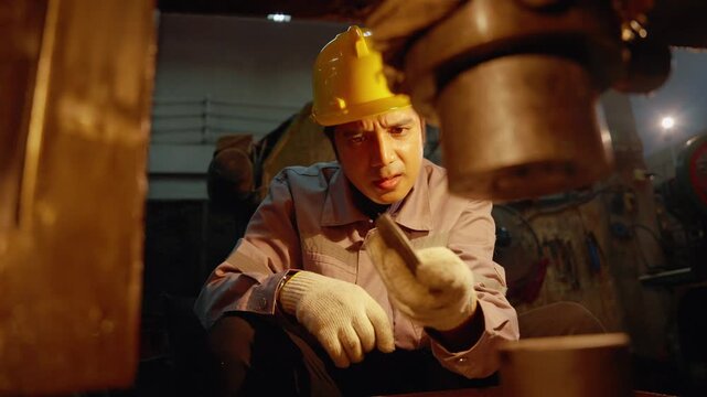Engineer carefully inspecting a mechanical component of heavy industrial machinery in a manufacturing workshop. Preventive maintenance, engineering precision, machine reliability, and industrial safet