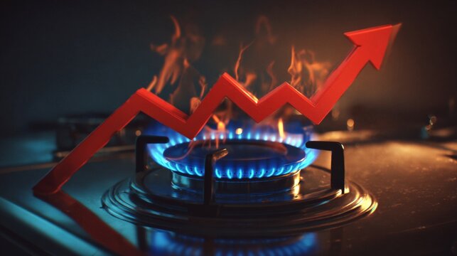 The hidden fees: behind the natural gas price climb. Promotional poster. Gas price rise visualized: tilted arrow and blue flame project inflation. Thriller poster. Blockbuster poster.