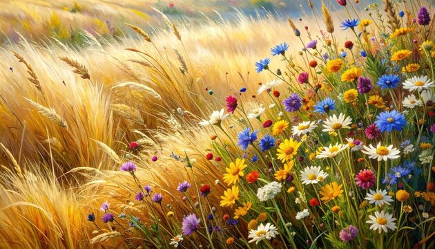 Golden Field of Wheat and Colorful Wildflowers in Full Bloom