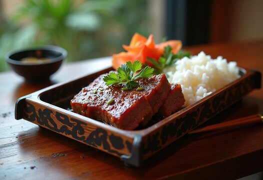 Teriyaki Beef on Steamed Rice Lacquered Bento Tray Serene Japanese Experience