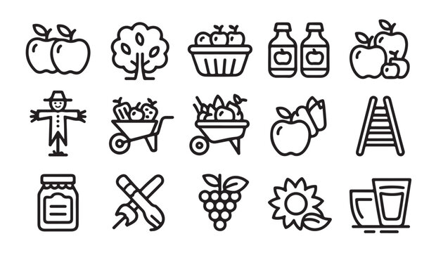 Apple orchard harvest icons set with trees juice baskets scarecrow flowers and fruit items.