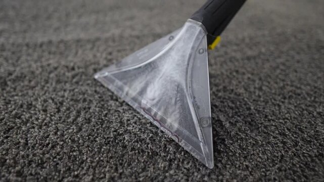 Low angle close view of clear triangular extraction nozzle drawing foamy dirty water from textured gray carpet while agitating pile, leaving wet streaks, swirling solution, and fresh cleaned surface