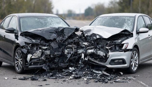 Two cars severely damaged in a headon collision on a road transparent background