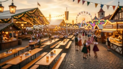 Obraz premium cinematic wide shot of a traditional bavarian beer festival at sunset, crowded outdoor fairground with festive tents, ferris wheel, wooden benches, and people in folk costumes.