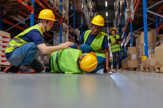 Warehouse workers assisting injured colleague after accident