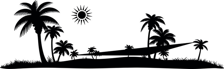 Tropical island beach landscape silhouette vector illustration, black palm trees hammock and hot sun horizon scene © Puley
