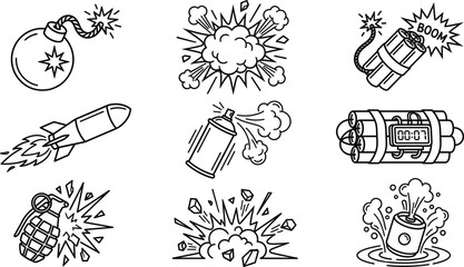 Explosion and weapon elements vector line icon set featuring bomb dynamite rocket spray can grenade detonate effects © Hafizul