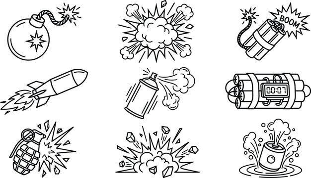 Explosion and weapon elements vector line icon set featuring bomb dynamite rocket spray can grenade detonate effects