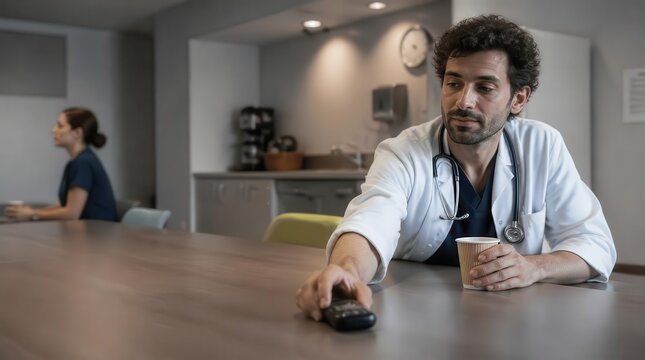 Doctor reaching for pager like remote during coffee break
