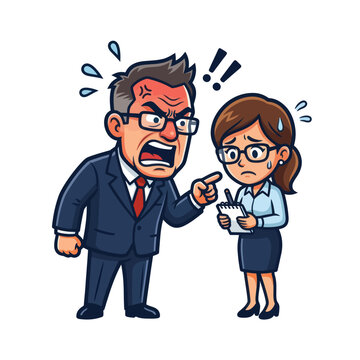 Angry boss yells at nervous employee
