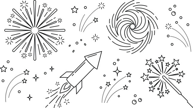 Festival fireworks and holiday celebration vector line art set featuring rocket firecracker sparkler pinwheel stars trail elements