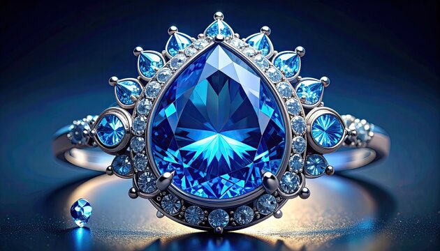 Elegant Teardrop Blue Gem Ring with Surrounding Diamonds in Regal Setting