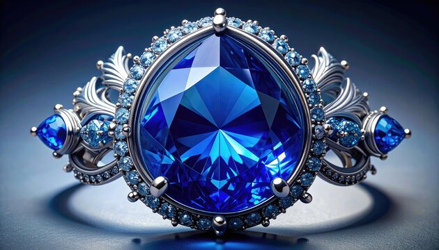 Elegant Blue Gemstone Ring with Silver Filigree and Surrounding Diamonds
