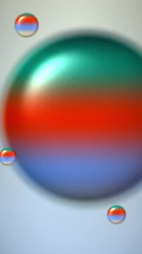 Striped teal red and blue glossy sphere with small orbs, animated 3d glowing orbs background, seamless looping vertical video