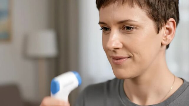 Woman checking her forehead temperature with an infrared thermometer