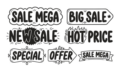 Black hand drawn sale lettering vector label set. Doodle promo discount typography badges, creative sketchy special offer stickers and shopping retail marketing elements. © Mahamuda Studio 