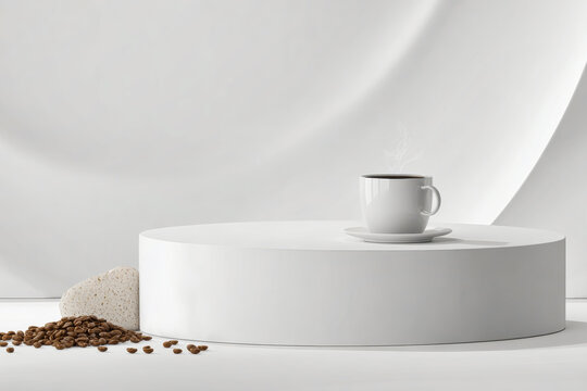 This modern presentation features a minimalist setup with a white podium, a steaming cup of coffee, and scattered coffee beans, creating a serene atmosphere