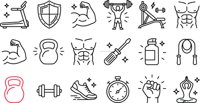Fitness workout and gym bodybuilding line icon set featuring treadmill barbell weight bench abs kettlebell stopwatch yoga poses