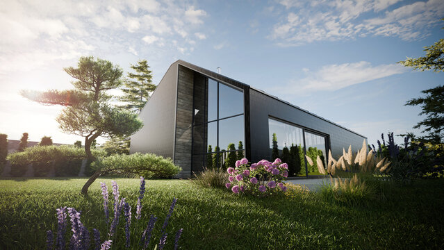 Modern angular barn house with large windows in a green natural landscape