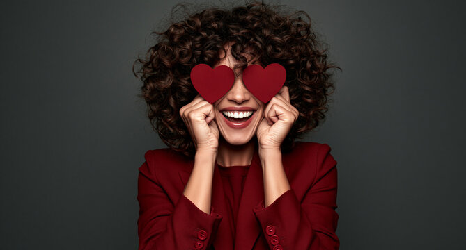 African American woman laughing joyfully with hands on face. Happy curly haired female expressing excitement and surprise in dark studio portrait.