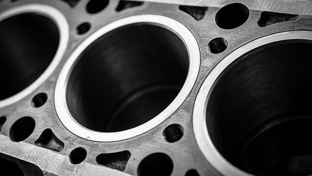 Close up view of a metallic engine block cylinder head showing internal chambers in black and white industrial automotive detail