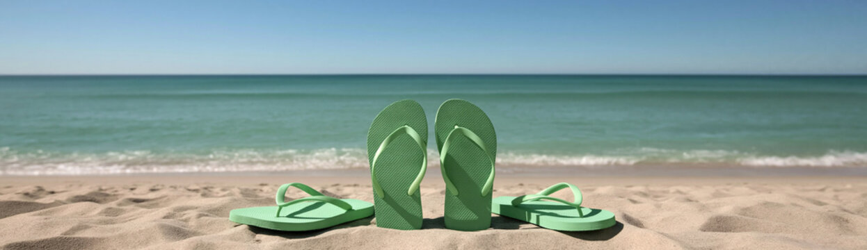 Green flip flops on sandy beach near ocean waves. Summer vacation footwear by the sea for relaxed coastal lifestyle.