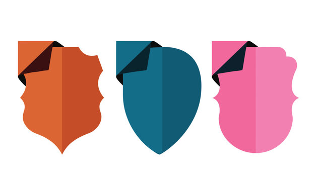 Shield badge vector label template set. Colorful blank curled corner tags, promotion price banners and decorative security shield elements.