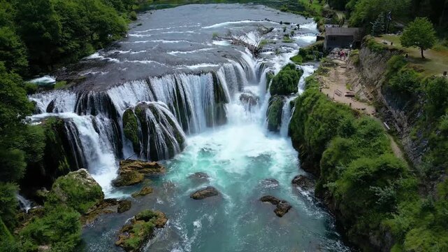 Drone View of People Rafting at &Scaron;trbački Buk Waterfall in Una National Park, Bosnia and Herzegovina