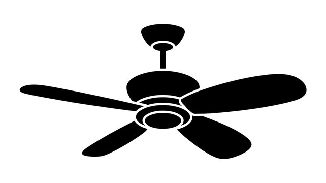 A black silhouette illustration of a ceiling fan with blades spinning