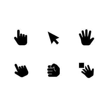 Set of six simple hand gesture icons in black and white