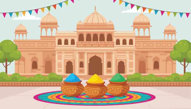 Traditional holi festival celebration scene with colorful powder pots and rangoli set before a majestic indian temple background.