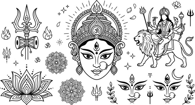 Goddess Durga Maa vector elements set with trishul lion lotus mandala face icons for Navratri Dussehra puja festival